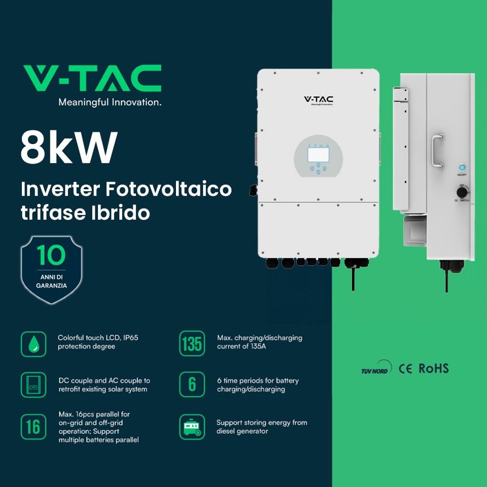 Kit Fotovoltaico 8 kW trifase con accumulo 9.6 kWh vtac 8 kW trifase