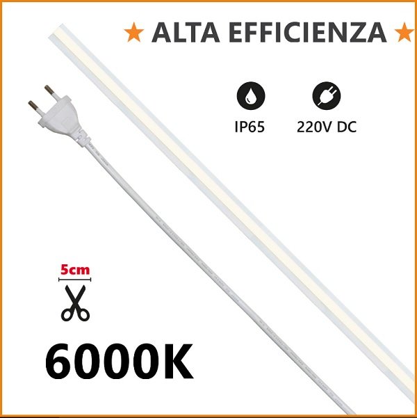 Strip LED COB 230V 12w/mt Luce Fredda 1250 Lumen/mt IP65 Milky Alta Efficienza Alcapower