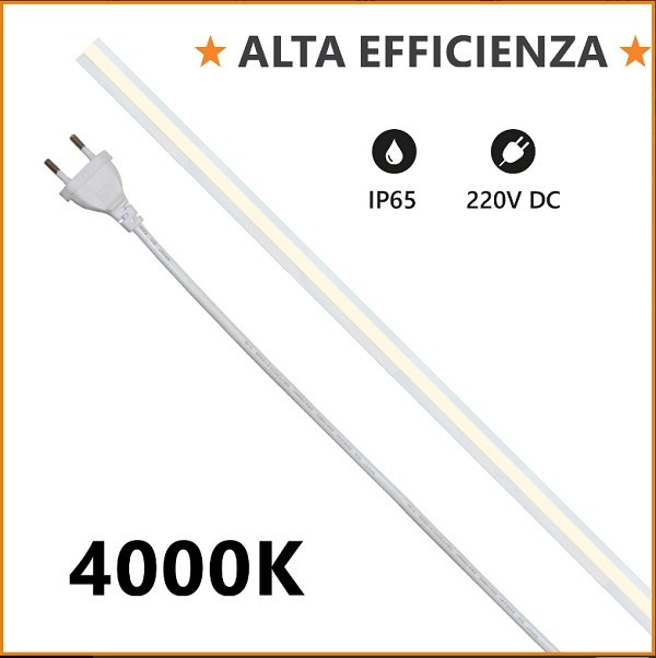 Strip LED COB 230V 12w/mt Luce Natura 1150 Lumen/mt IP65 Milky Alcapower