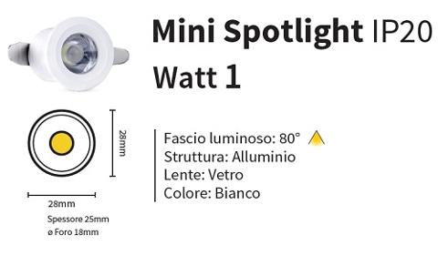 Mini Faretto Led Incasso 1w 12v Luce Natura 100 Lumen