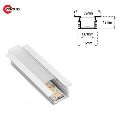 Profilo Alluminio Incasso 2mt completo di cover Opaca, Tappi e Clip Century KPRI-2212