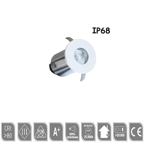 Faretto Incasso 3w Mini Spot Rotondo Bianco RGB IP68 poliplast