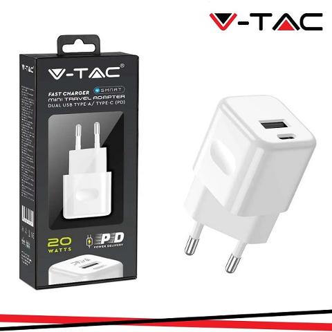 Caricabatterie da Viaggio 1x USB 1x Type C Bianco 20w V-TAC