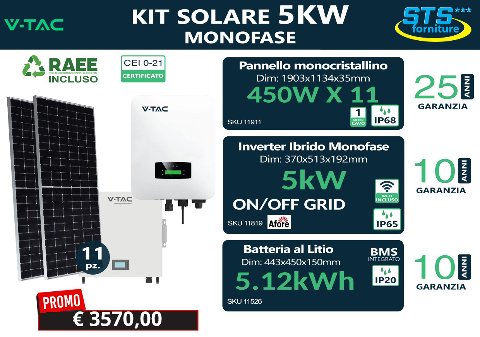 Kit Fotovoltaico 5 kW monofase con accumulo 5,12 kWh vtac 5 kW Afore