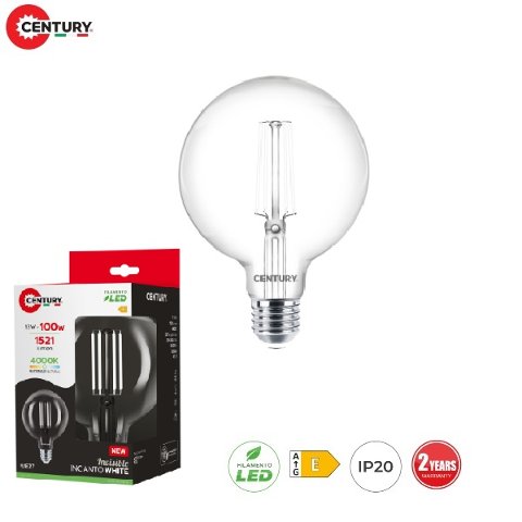 Lampada GloboLED a Filamento Bianco E27 11,5w Luce Natura 1521 Lumen G125 Incanto White Century