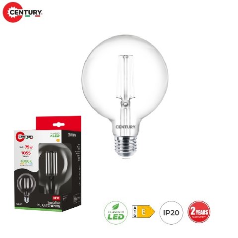 Lampada GloboLED a Filamento Bianco E27 9w Luce Natura 1055 Lumen G95 Incanto White Century