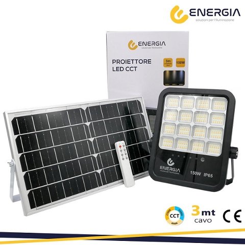 Proiettore LED 150w CCT Tricolor con Pannello Solare 1600 Lumen 3mt cavo