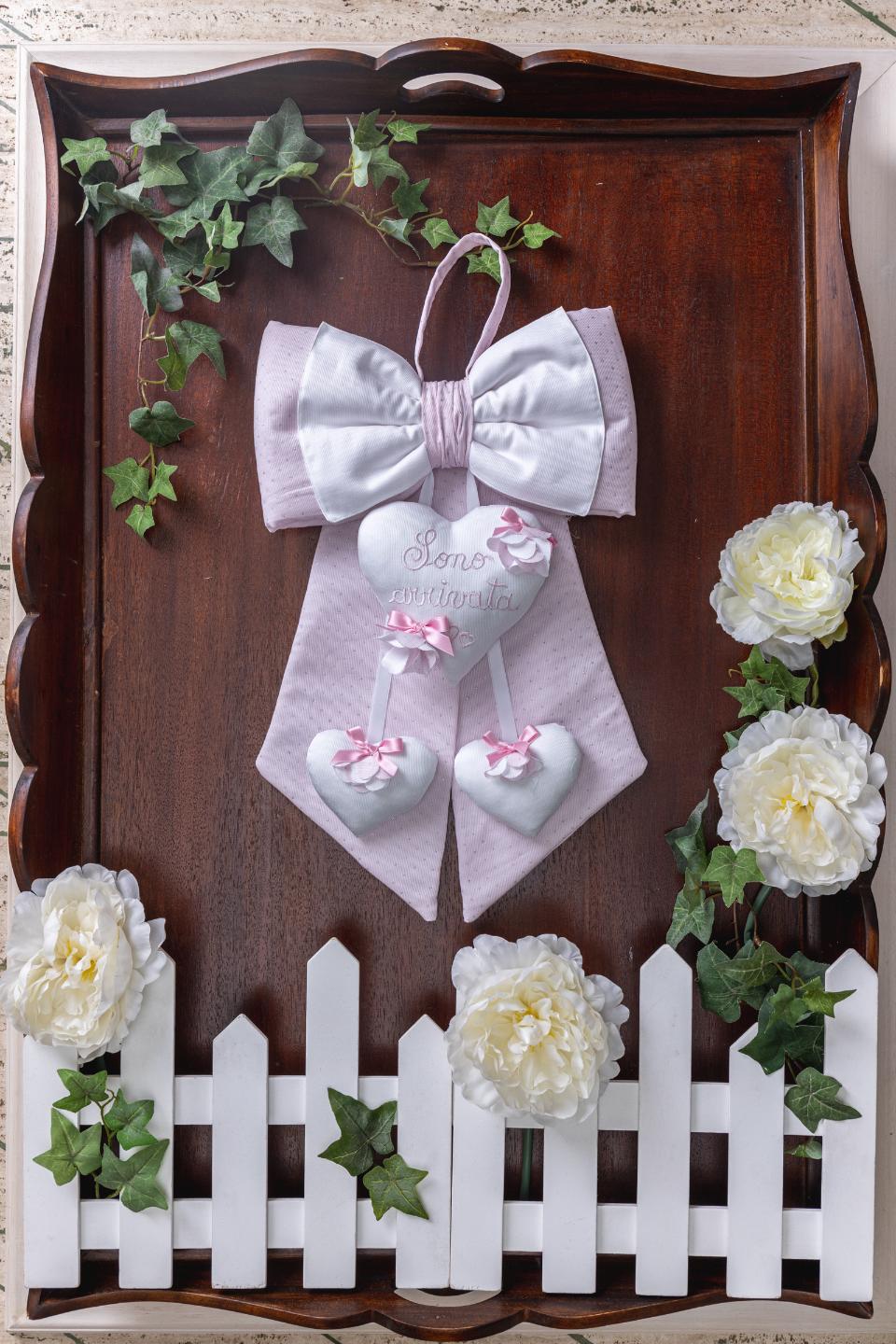 Fiocco nascita Lurex con cuori e fiori in tessuto Gentile Baby Couture 21