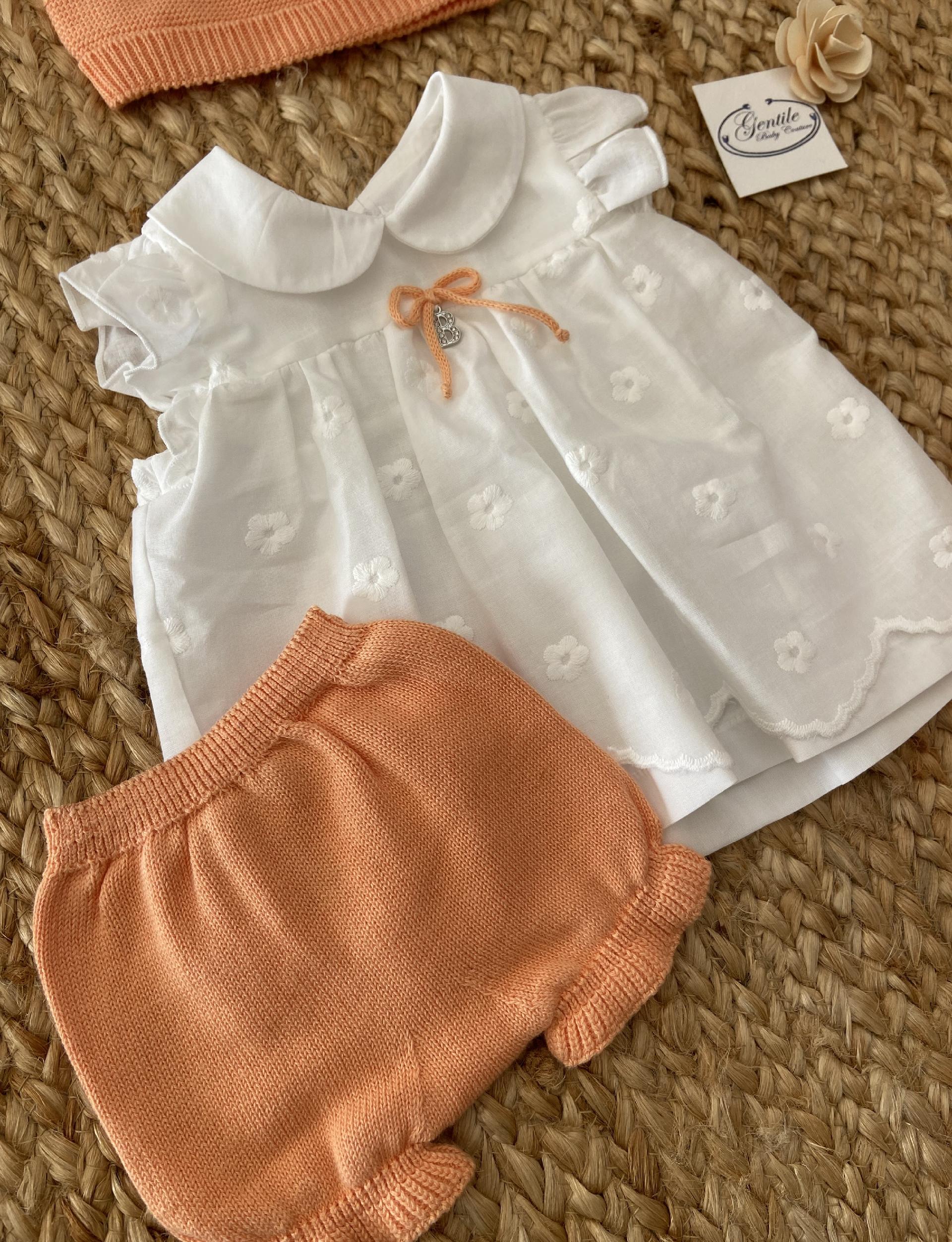 Vestitino con culotte, cappellino e babbucce Bianco / Arancione Barcellino 111003