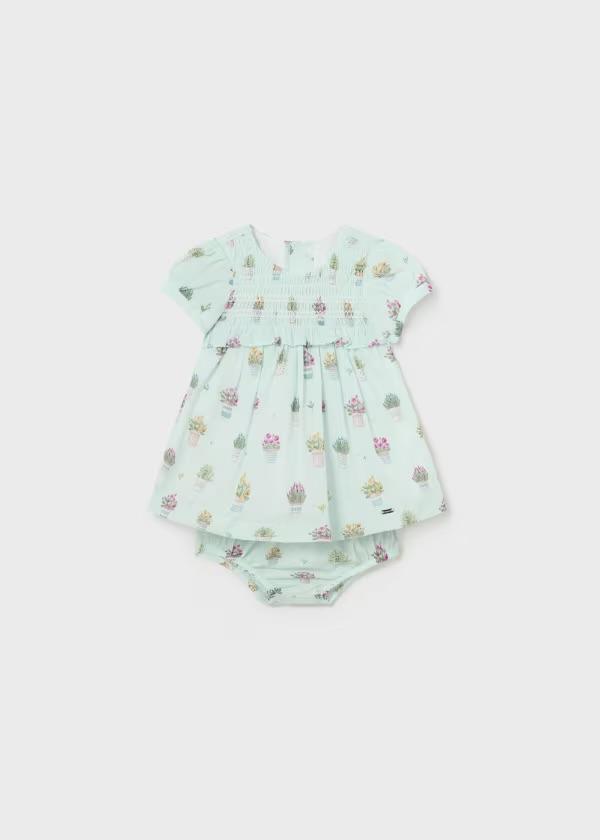 Abito in cotone verde acqua con stampa vasetti, fodera integrata e culotte Mayoral 1801