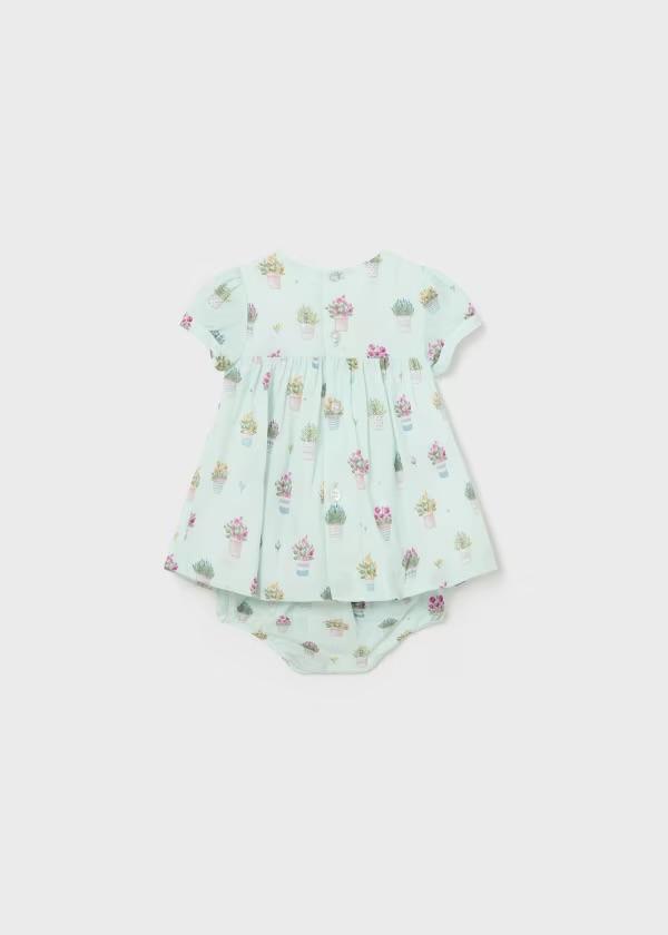 Abito in cotone verde acqua con stampa vasetti, fodera integrata e culotte Mayoral 1801