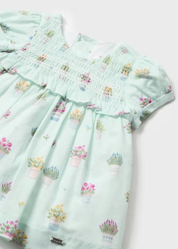 Abito in cotone verde acqua con stampa vasetti, fodera integrata e culotte Mayoral 1801