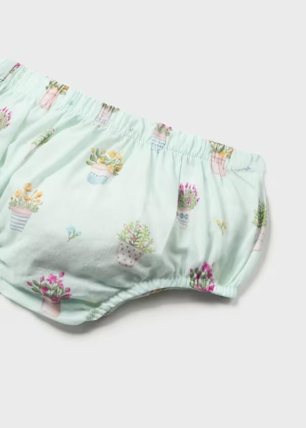 Abito in cotone verde acqua con stampa vasetti, fodera integrata e culotte Mayoral 1801