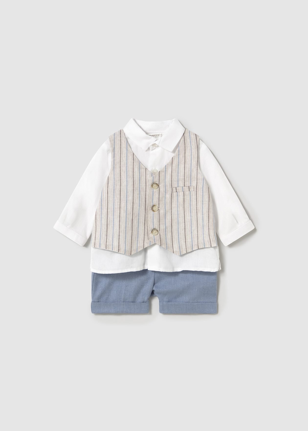 Completo 2 pezzi elegante in cotone e lino Bianco / Azzurro Mayoral