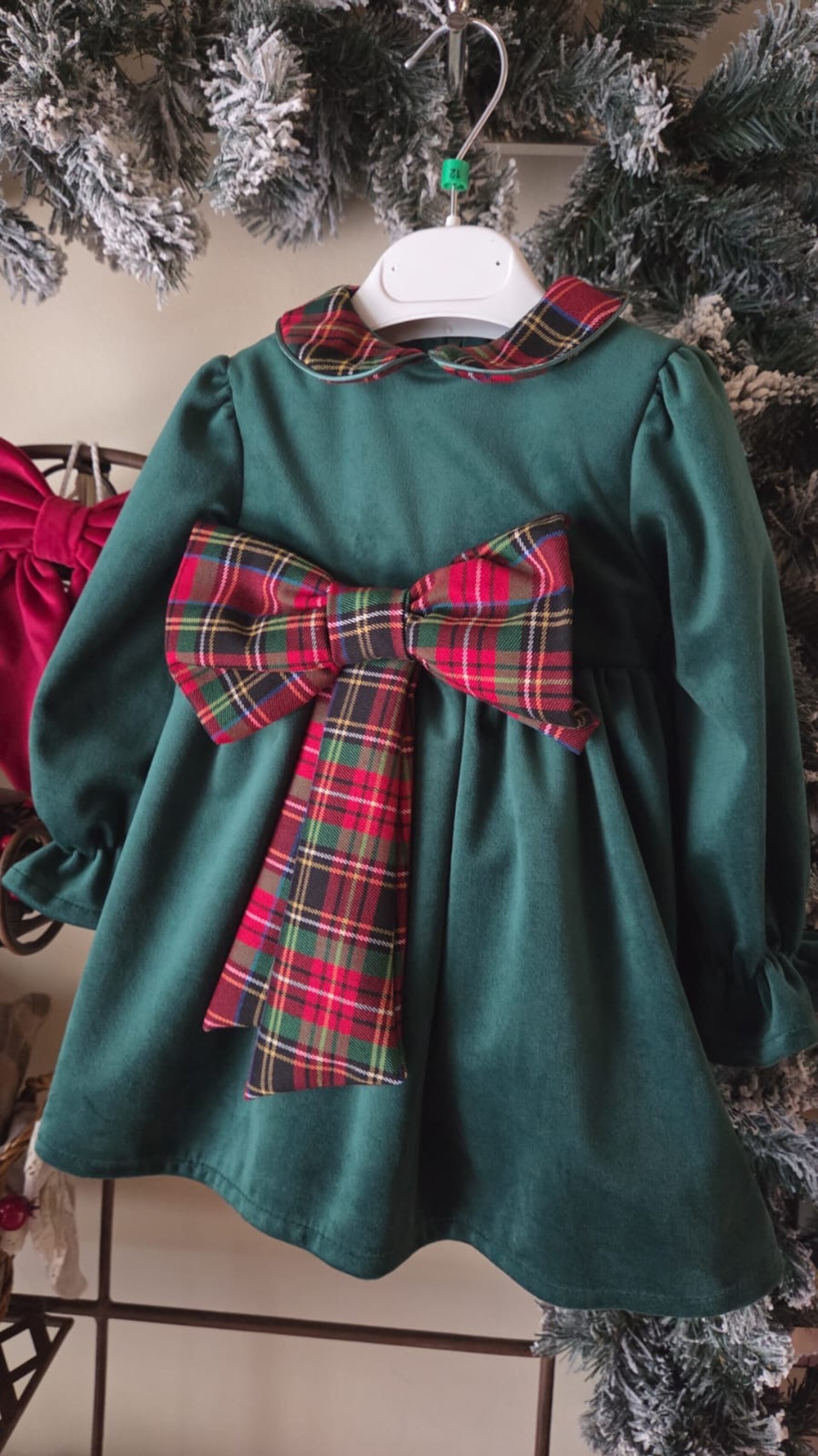 Abito in velluto verde con maxi fiocco in tartan Pappa e Latte