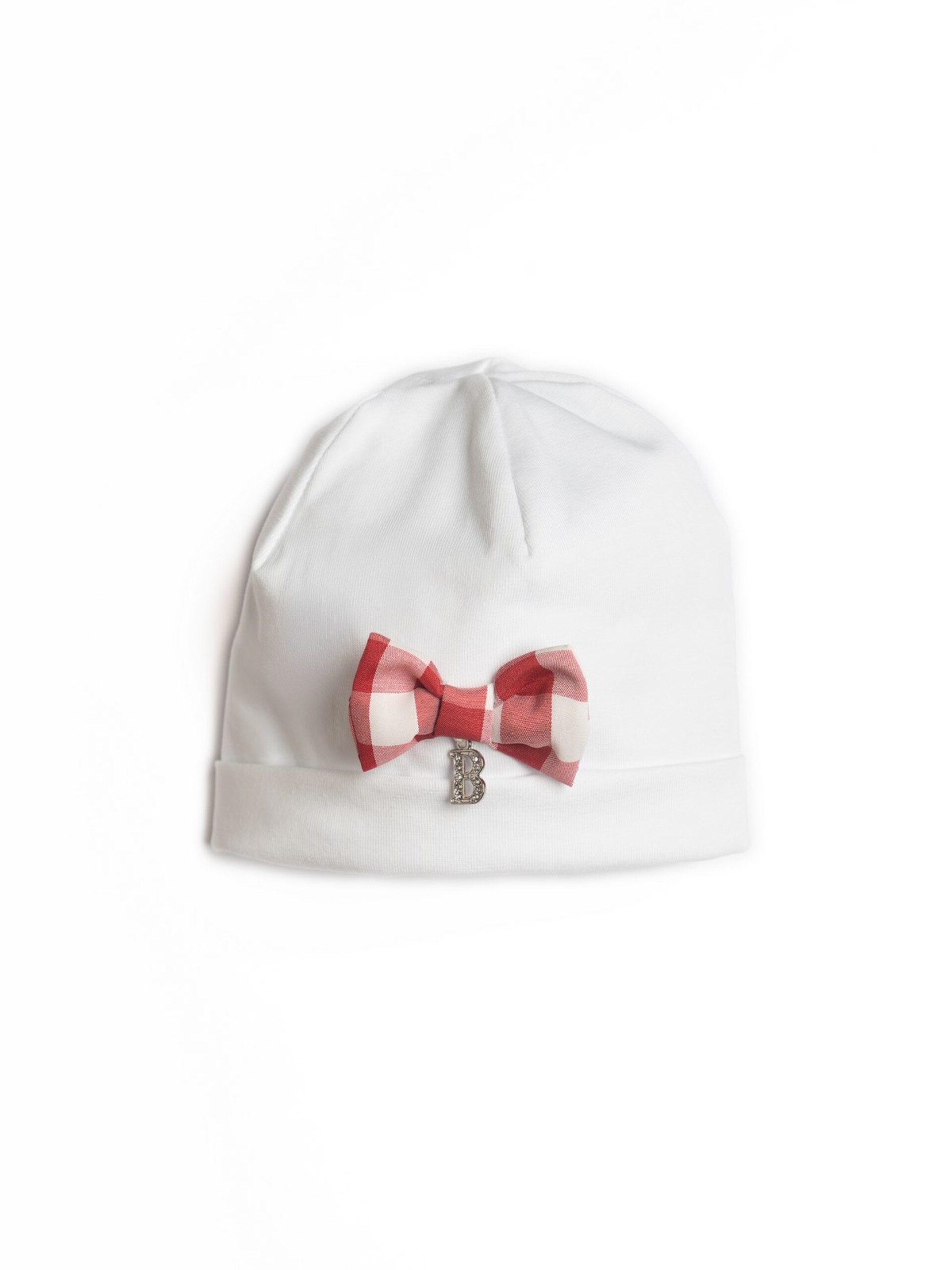 Cappellino in jersey di cotone Bianco con fiocchetto a quadri Barcellino