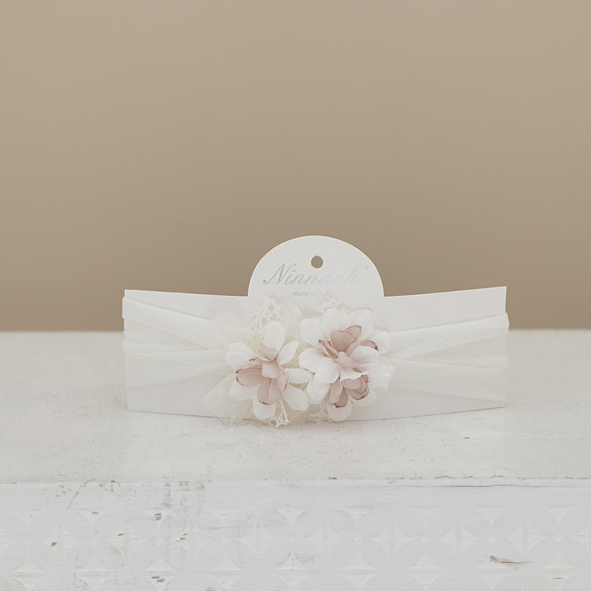Fascetta in tulle con fiori Panna / Rosa Ninnaoh