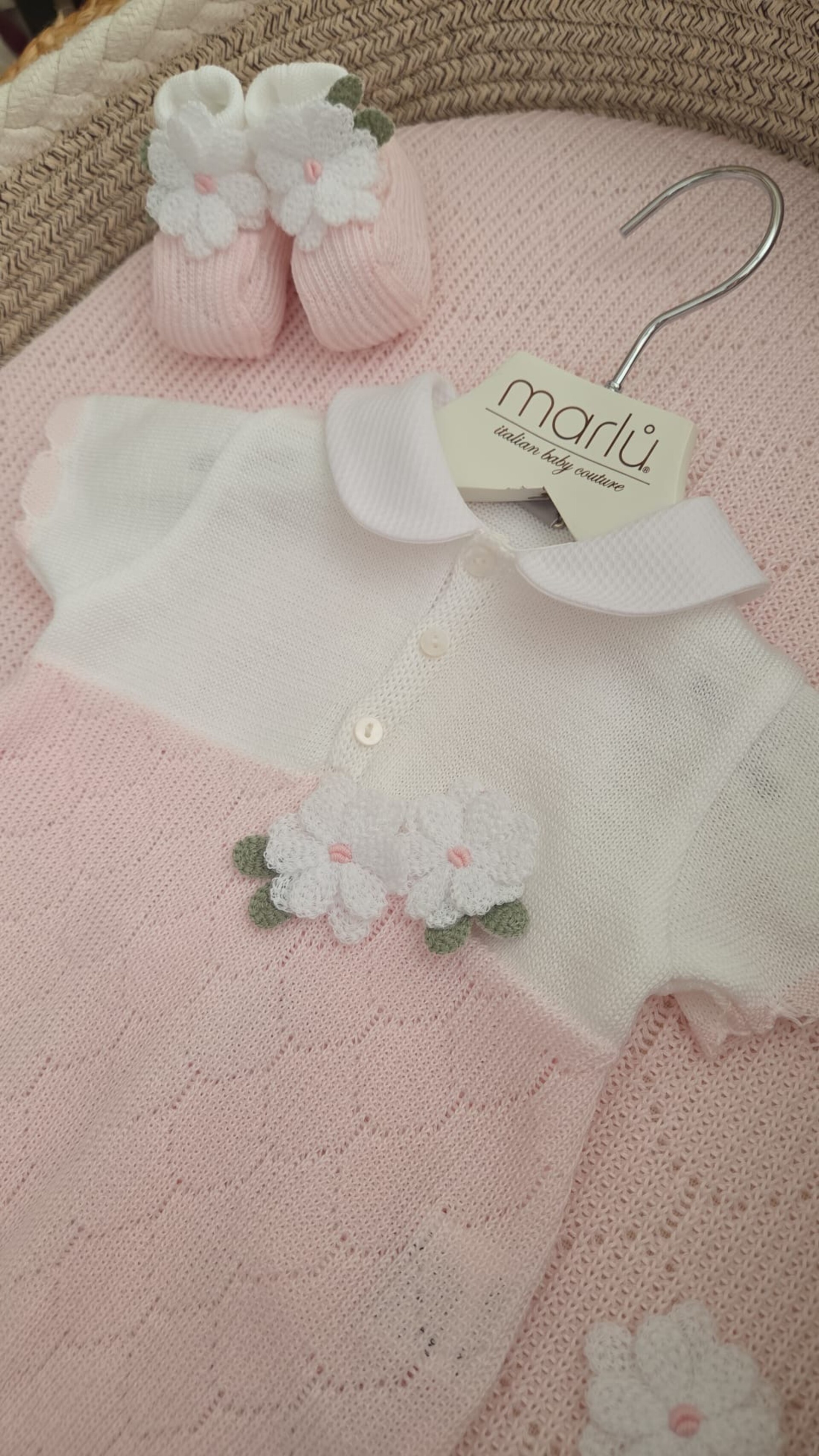 Pagliaccetto con babbucce in filo di puro cotone Bianco / Rosa Stella taglia 0-3 mesi Marlù