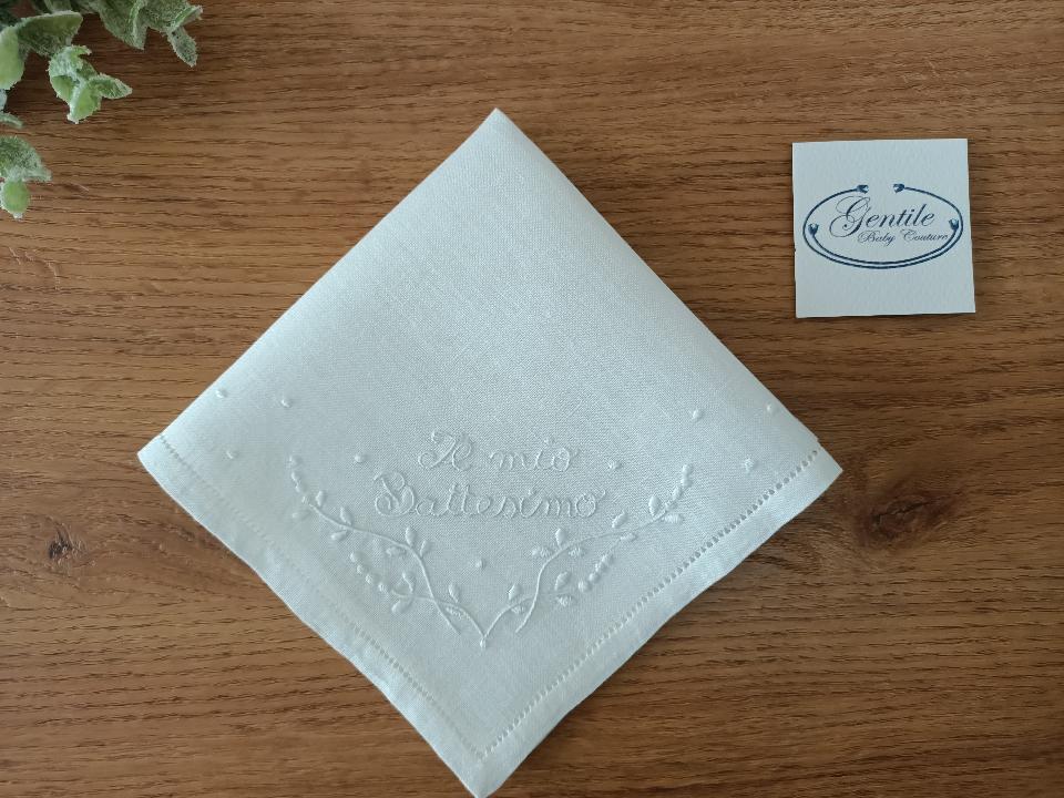 Fazzoletto Il mio Battesimo in puro lino Gentile Baby Couture Con orlo a giorno