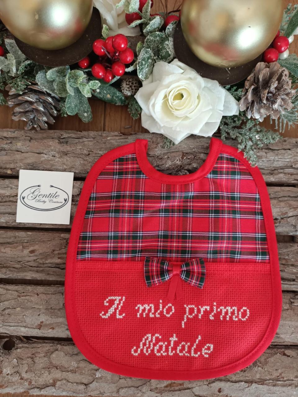 Bavetta Il Mio Primo Natale in Tartan con tasca in tela Aida Gentile Baby Couture