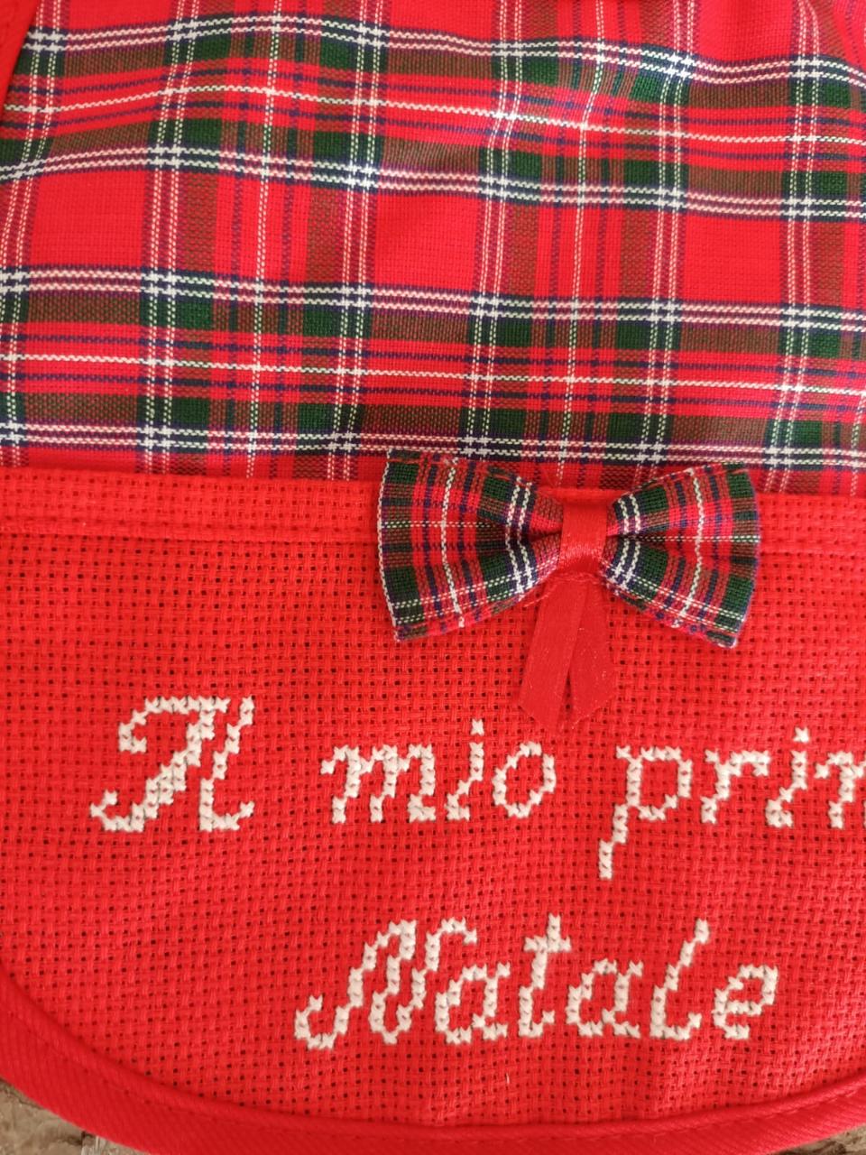 Bavetta Il Mio Primo Natale in Tartan con tasca in tela Aida Gentile Baby Couture