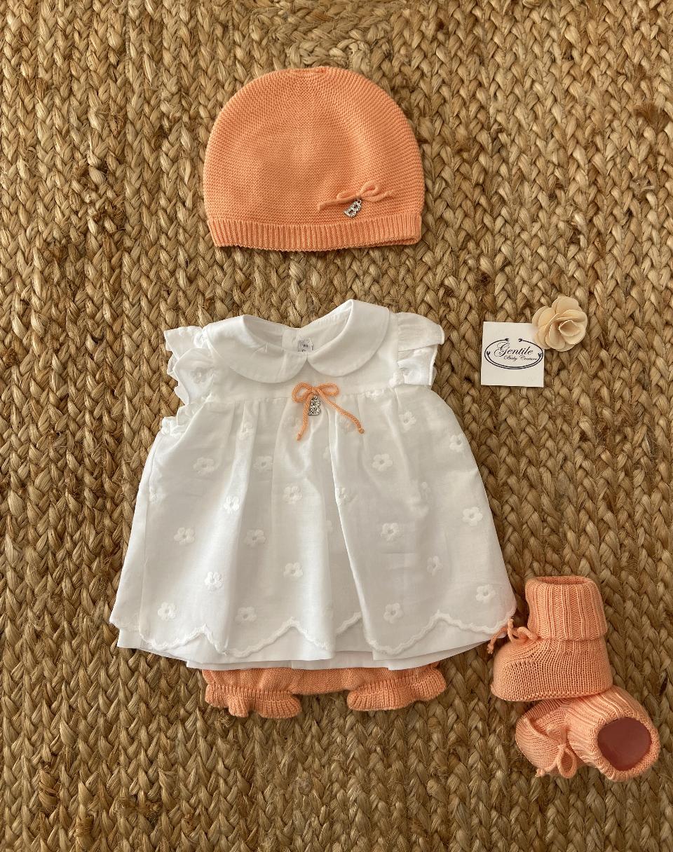 Vestitino con culotte, cappellino e babbucce Bianco / Arancione Barcellino 111003