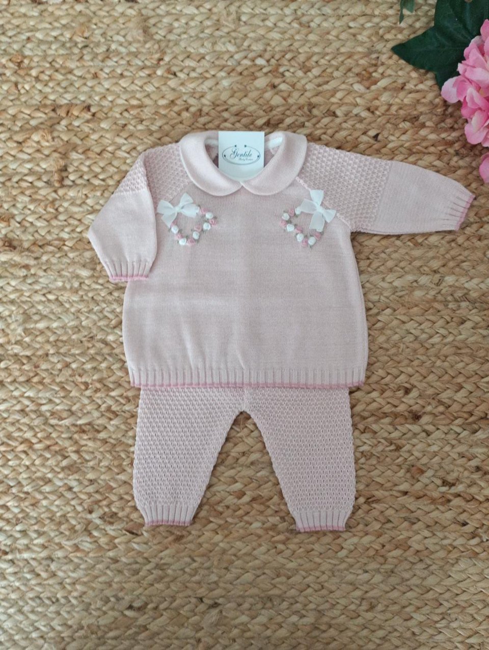 Completo 2 pezzi in filo di puro cotone Rosa Cipria / Melograno taglia 0-3 mesi Marlù