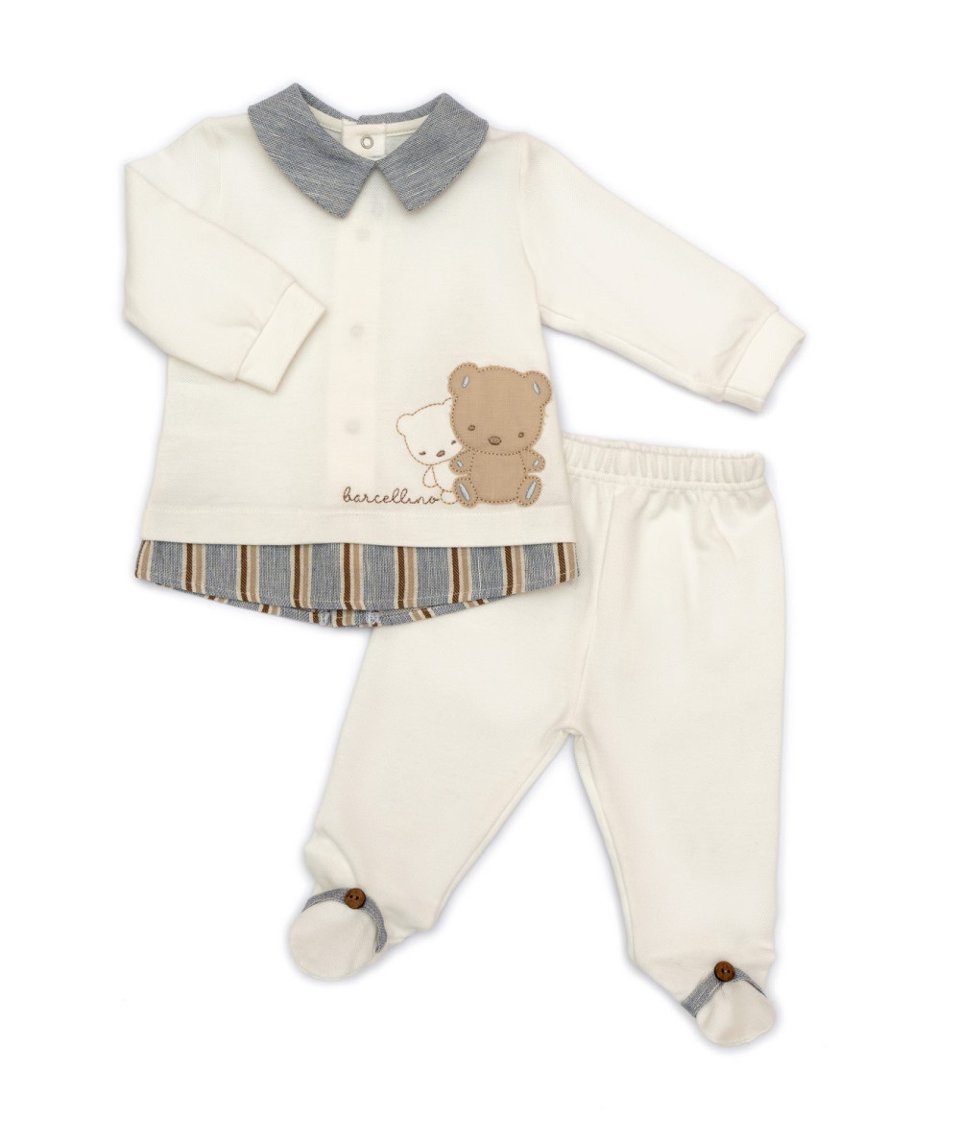 Completo 2 pezzi in puro cotone Bianco Latte / Avion taglia 3 mesi Barcellino