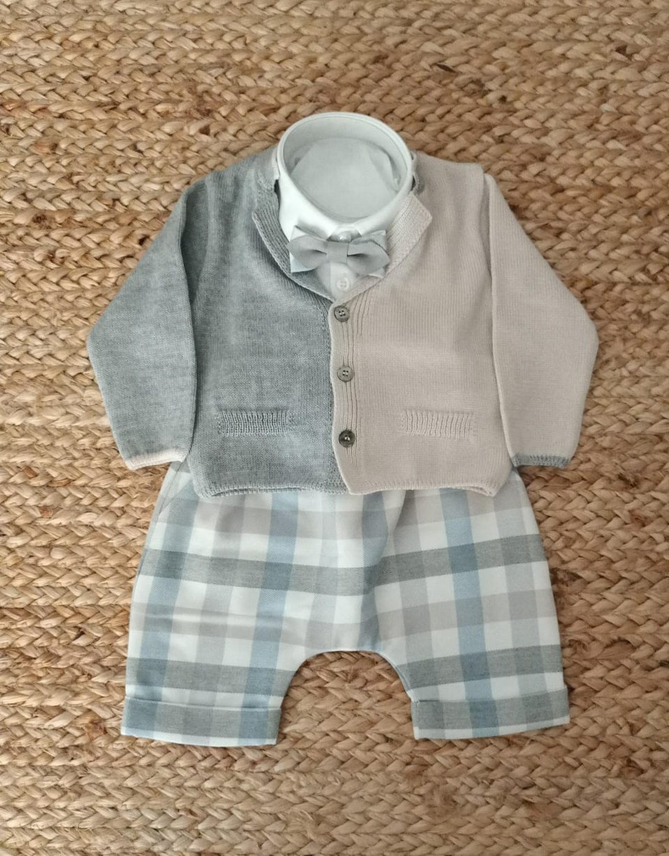 Completo 4 pezzi elegante Grigio / Natural Bio / Cielo Polvere taglia 6-9 mesi Marlù