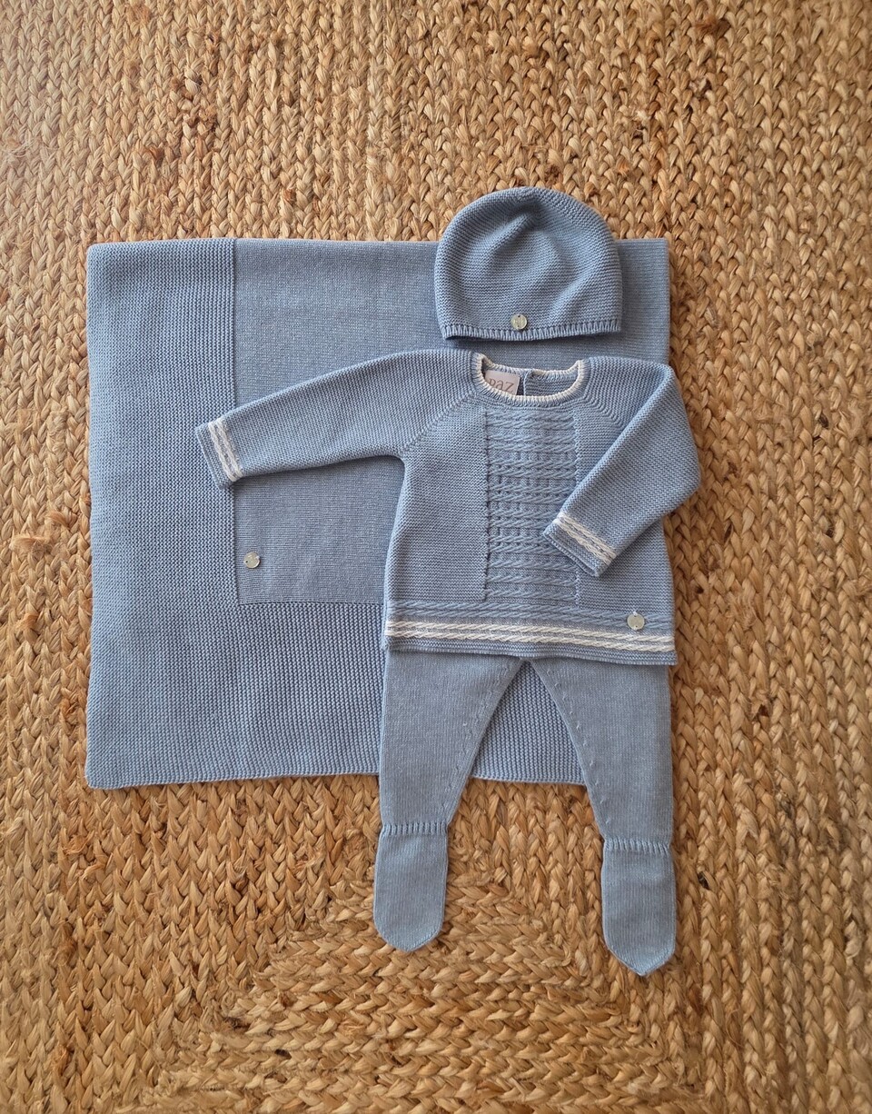 Completo nascita 3 pezzi in caldo cotone Azzurro Paz Rodriguez
