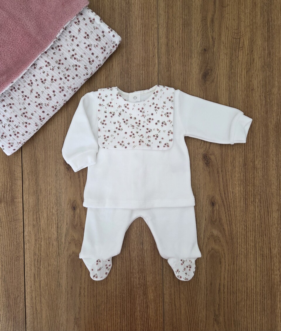 Completo 2 pezzi in ciniglia bianco con inserti floreali Barcellino