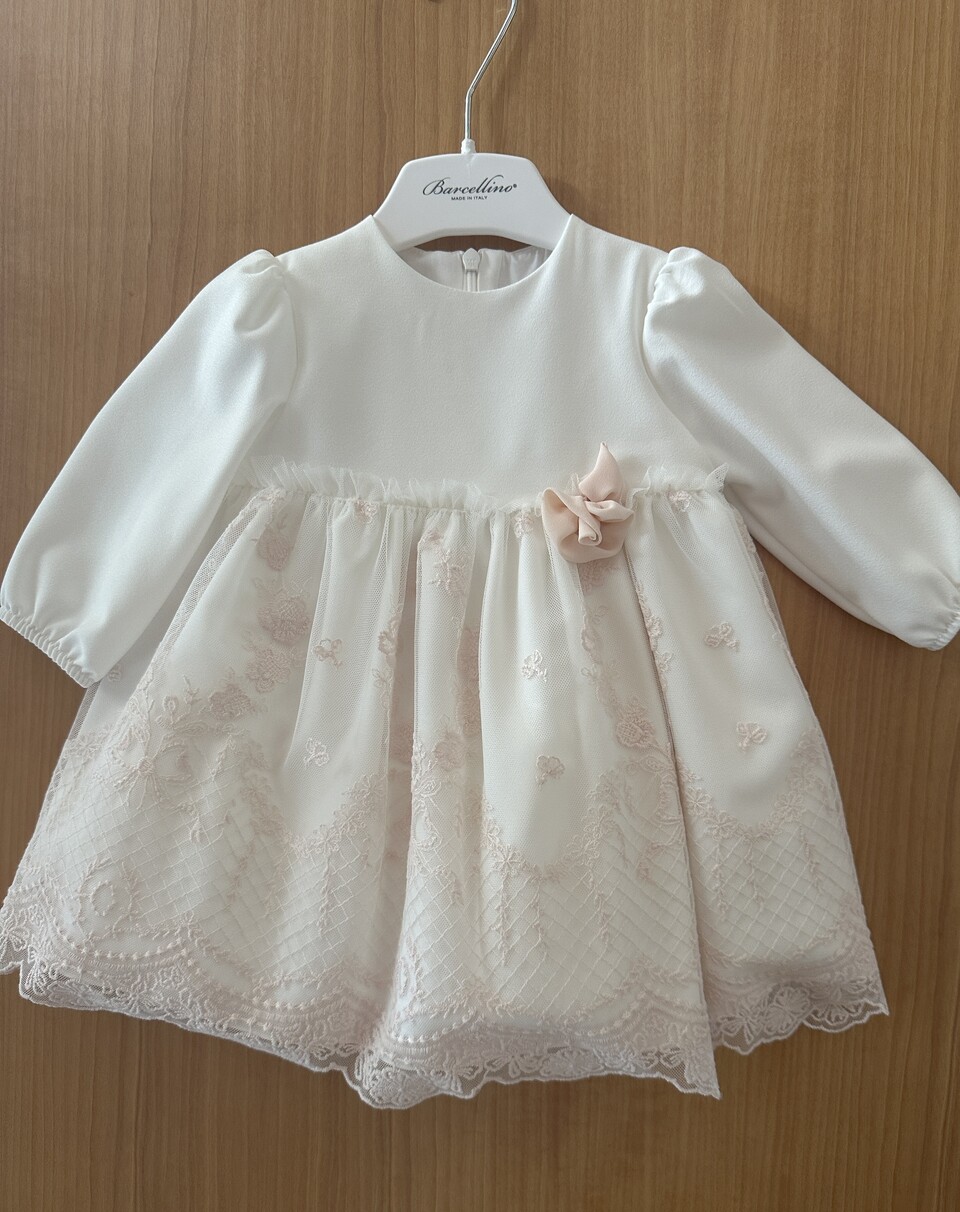 Abito elegante con tulle ricamato Panna / Rosa Barcellino