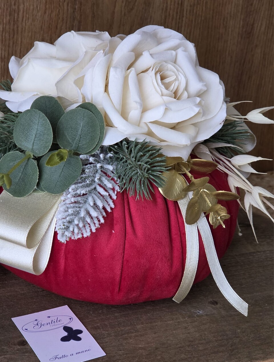 Pouf Natalizio in velluto Rosso con nastro doppio raso Gentile Ricami Grande