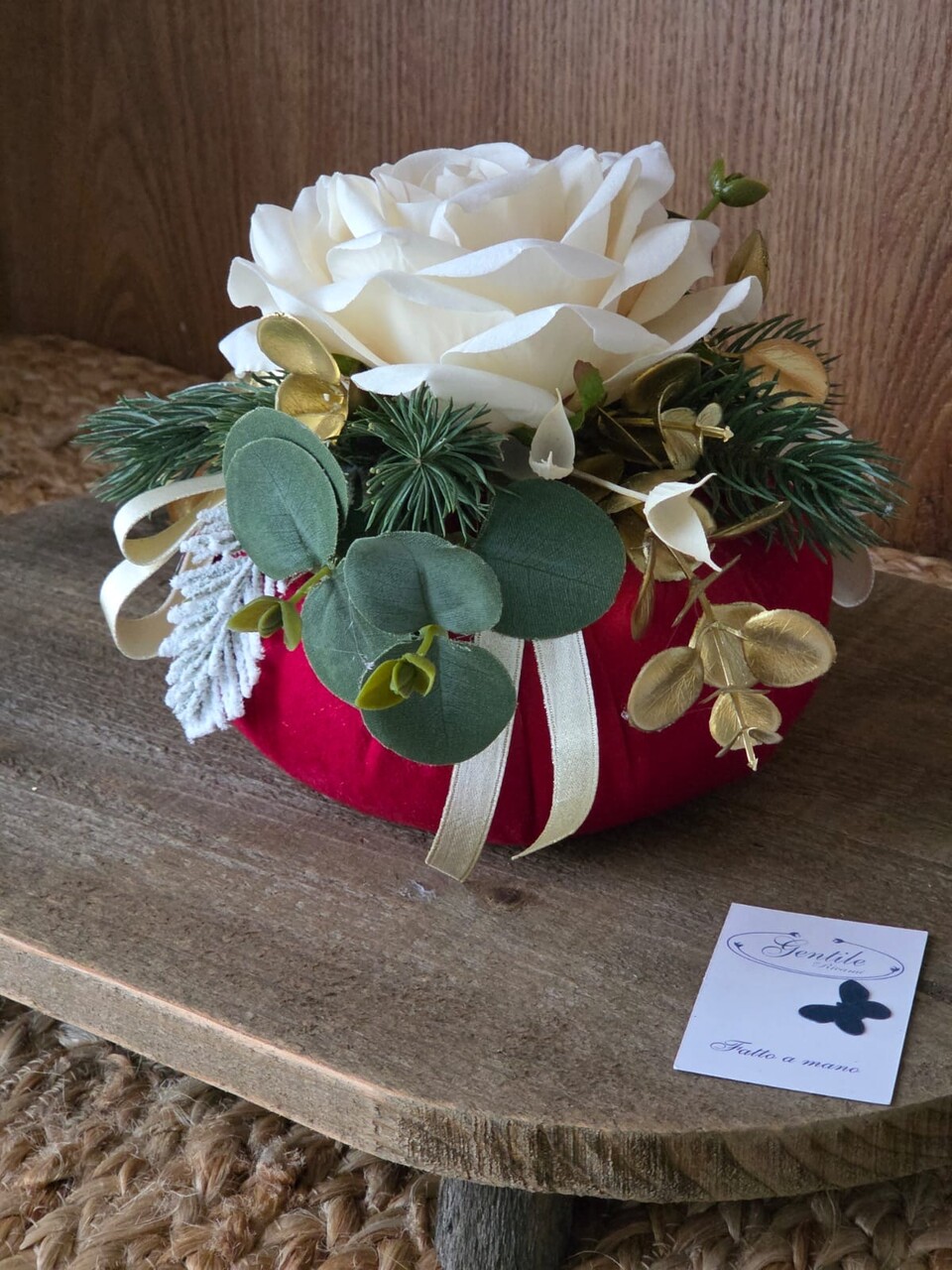 Pouf Natalizio in velluto Rosso con nastro doppio raso Gentile Ricami Piccolo