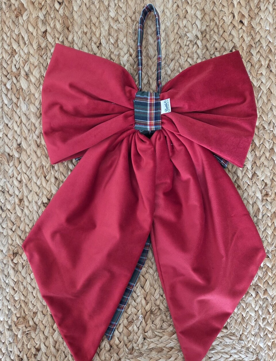 Doppio fiocco natalizio in velluto rosso e tessuto tartan Gentile Ricami Grande