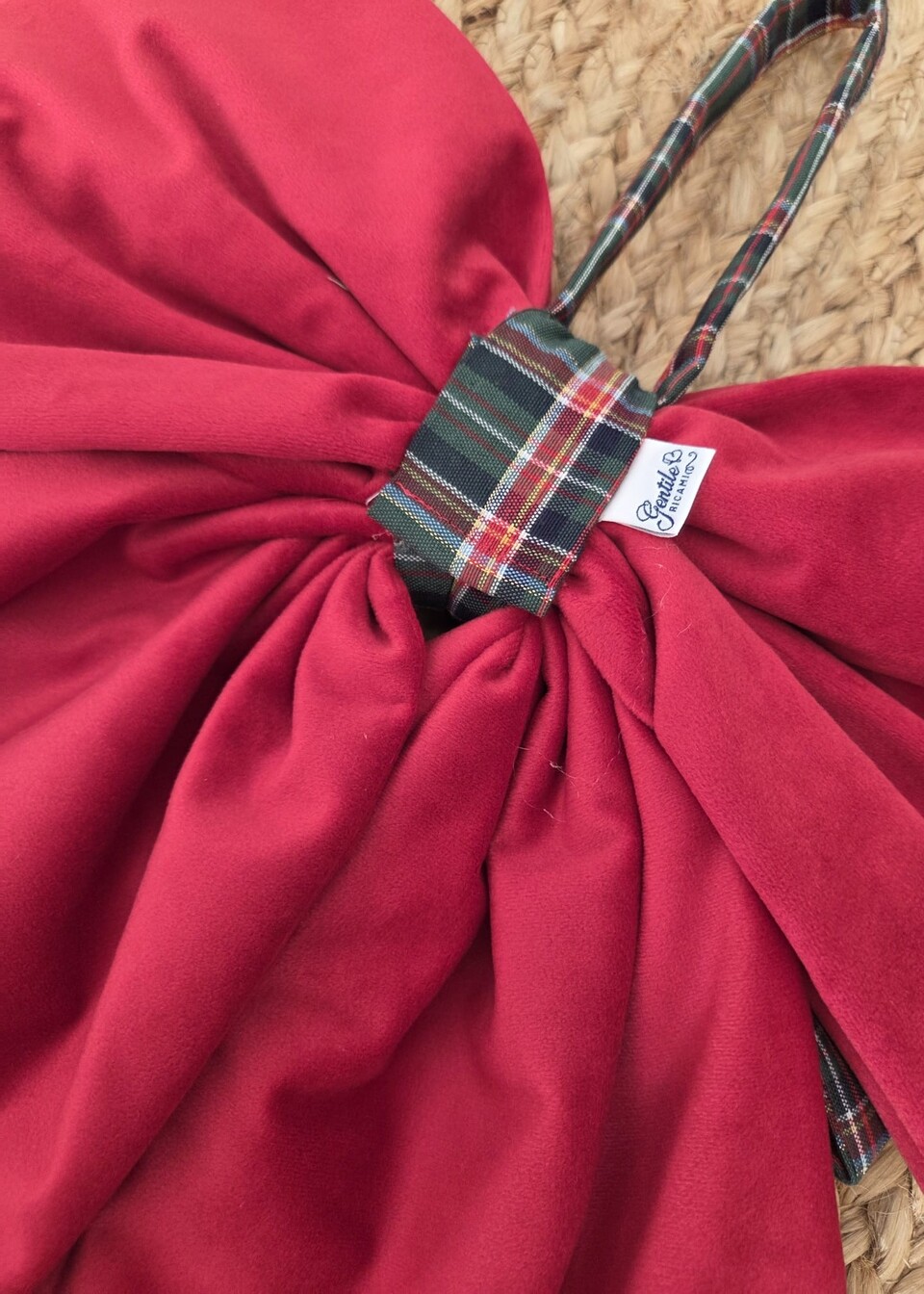 Doppio fiocco natalizio in velluto rosso e tessuto tartan Gentile Ricami Grande