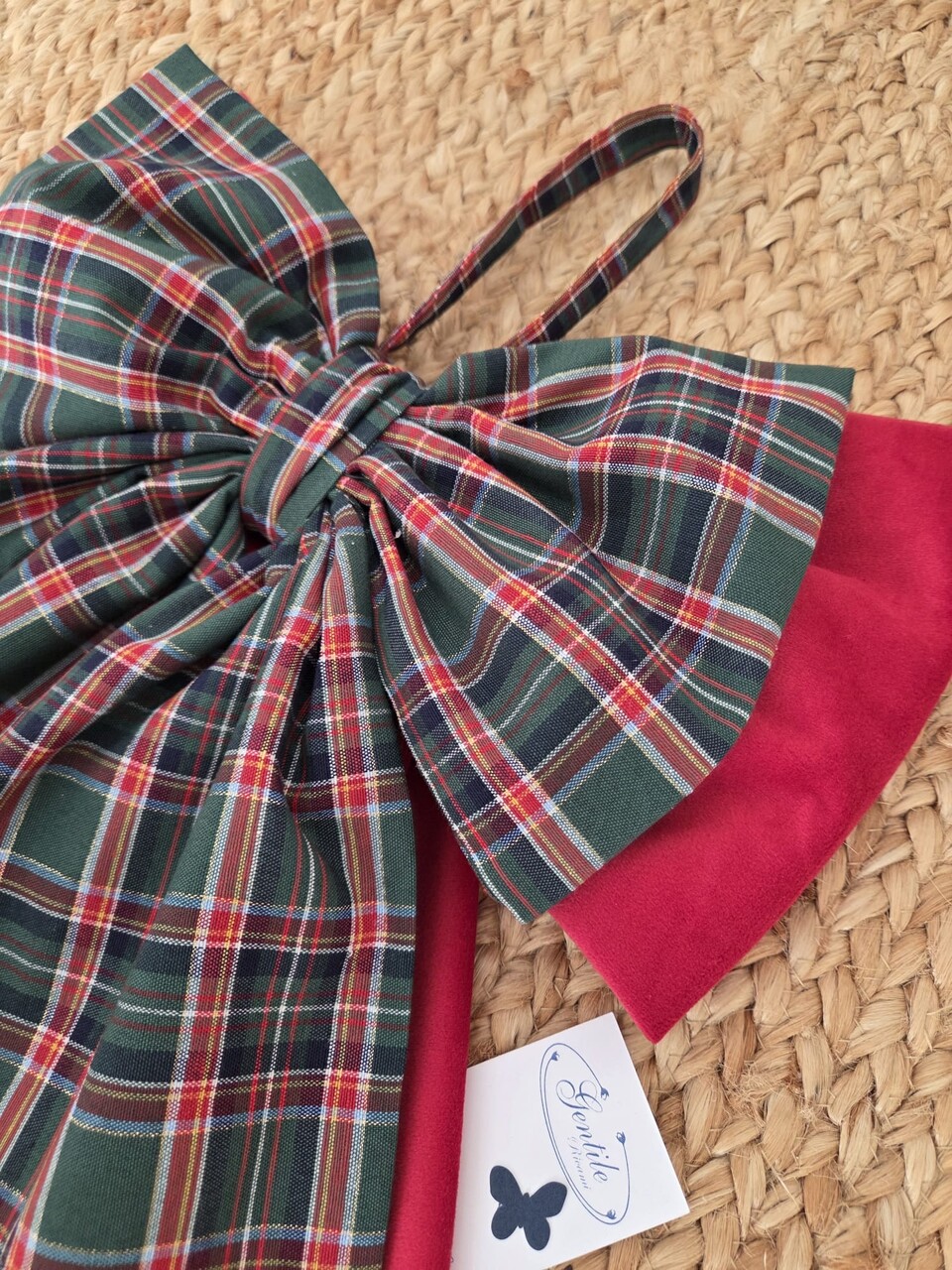 Doppio fiocco natalizio in velluto rosso e tessuto tartan Gentile Ricami Grande