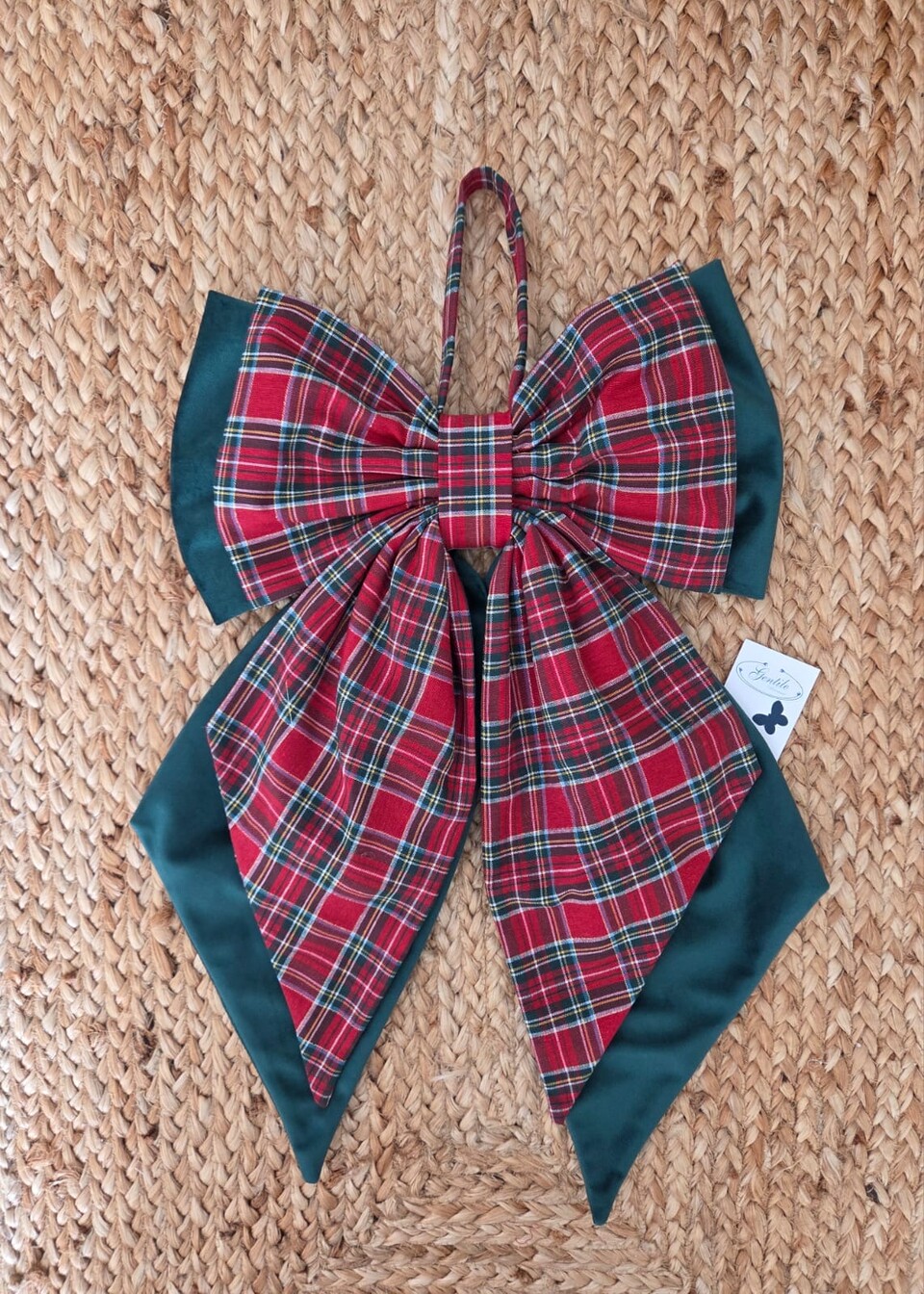 Doppio fiocco natalizio in velluto verde e tessuto tartan Gentile Ricami Grande