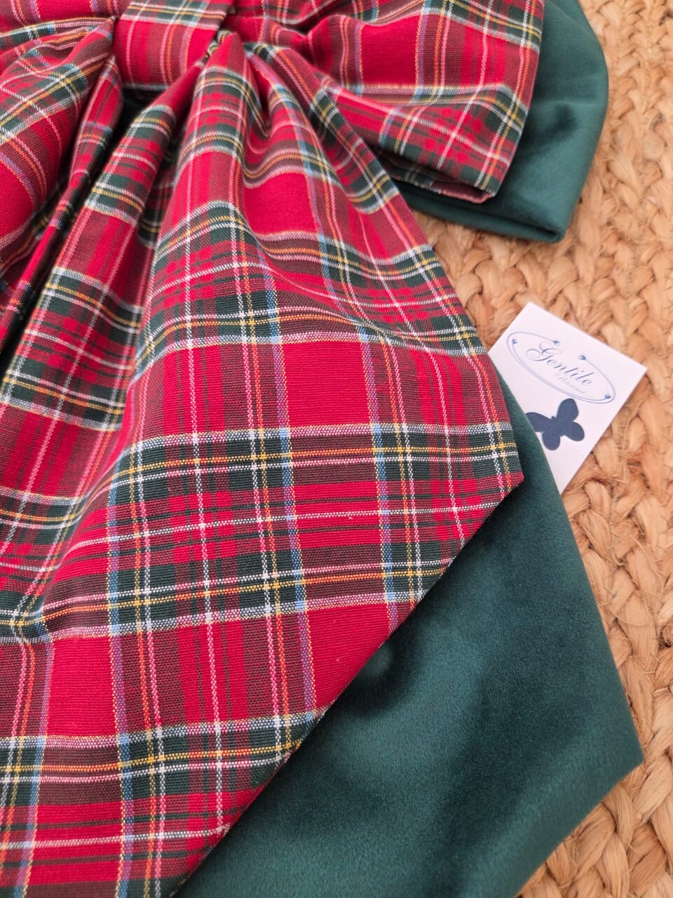 Doppio fiocco natalizio in velluto verde e tessuto tartan Gentile Ricami Grande
