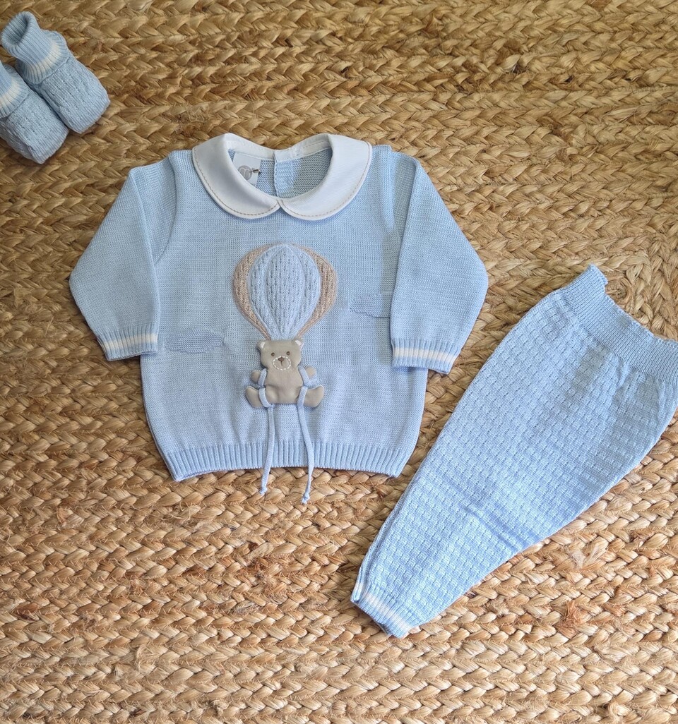Completo 2 pezzi in filo di puro cotone Cielo / Vaniglia taglia 0-3 mesi Marlù