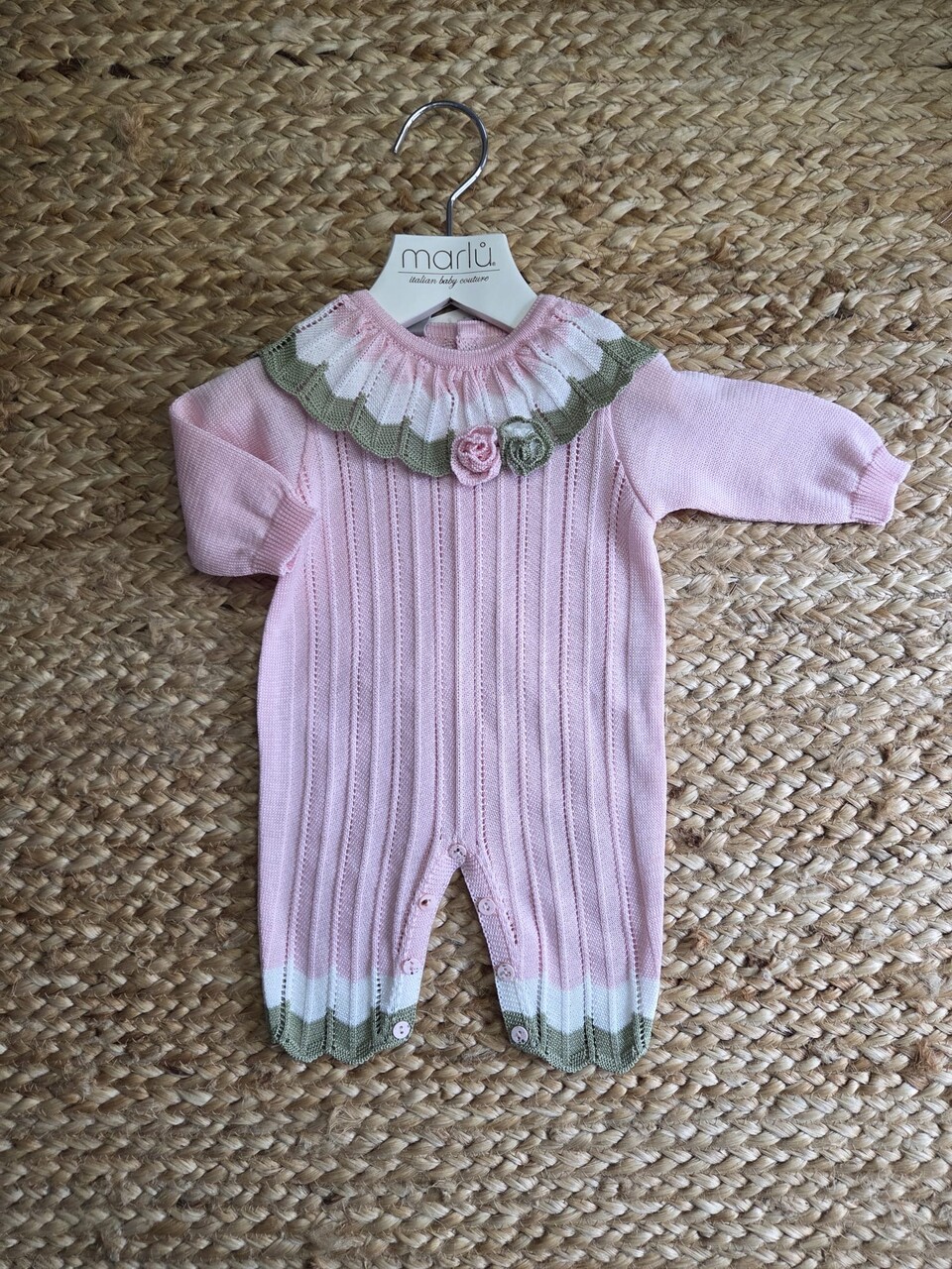 Tutina in filo di puro cotone Rosa Pesco / Vaniglia / Verde Oliva taglia 0-3 mesi Marlù