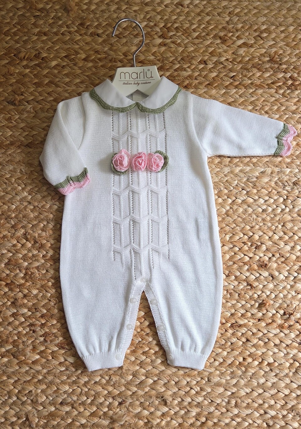 Tutina in filo di puro cotone Vaniglia / Rosa Pesco / Verde Oliva taglia 0-3 mesi Marlù