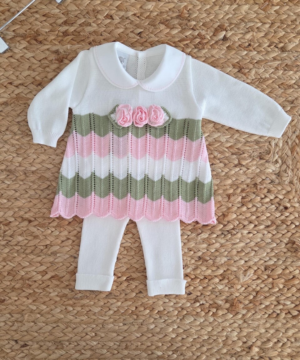 Completo 2 pezzi in filo di puro cotone Vaniglia / Rosa Pesco / Verde Oliva taglia 0-3 mesi Marlù
