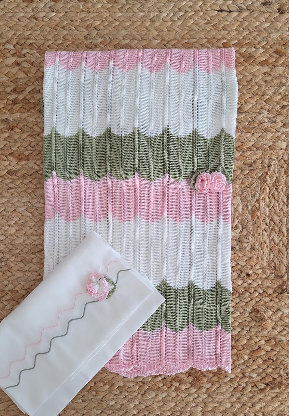 Copertina in filo di puro cotone Vaniglia / Rosa Pesco / Verde Oliva Marlù