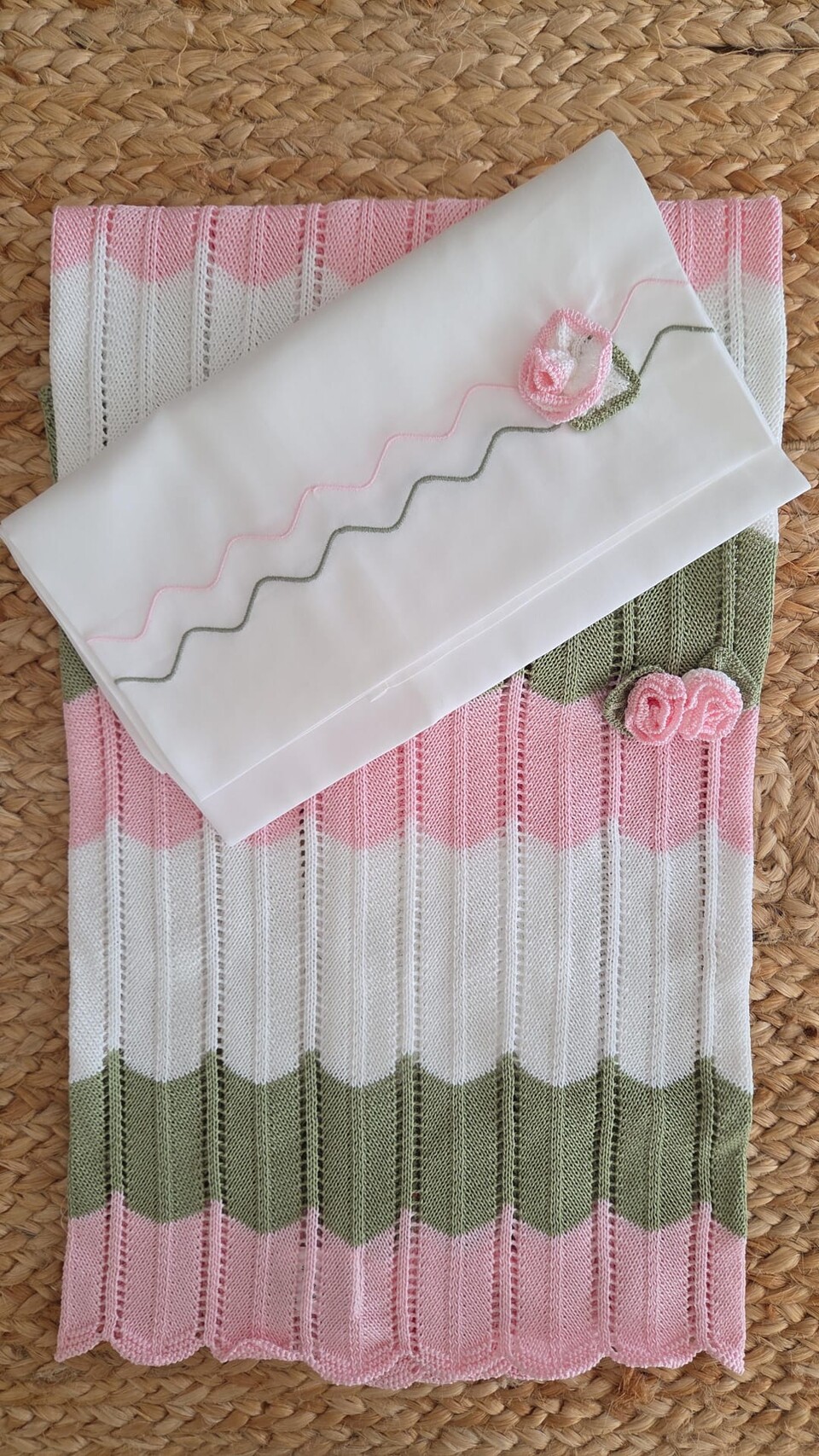 Copertina in filo di puro cotone Vaniglia / Rosa Pesco / Verde Oliva Marlù