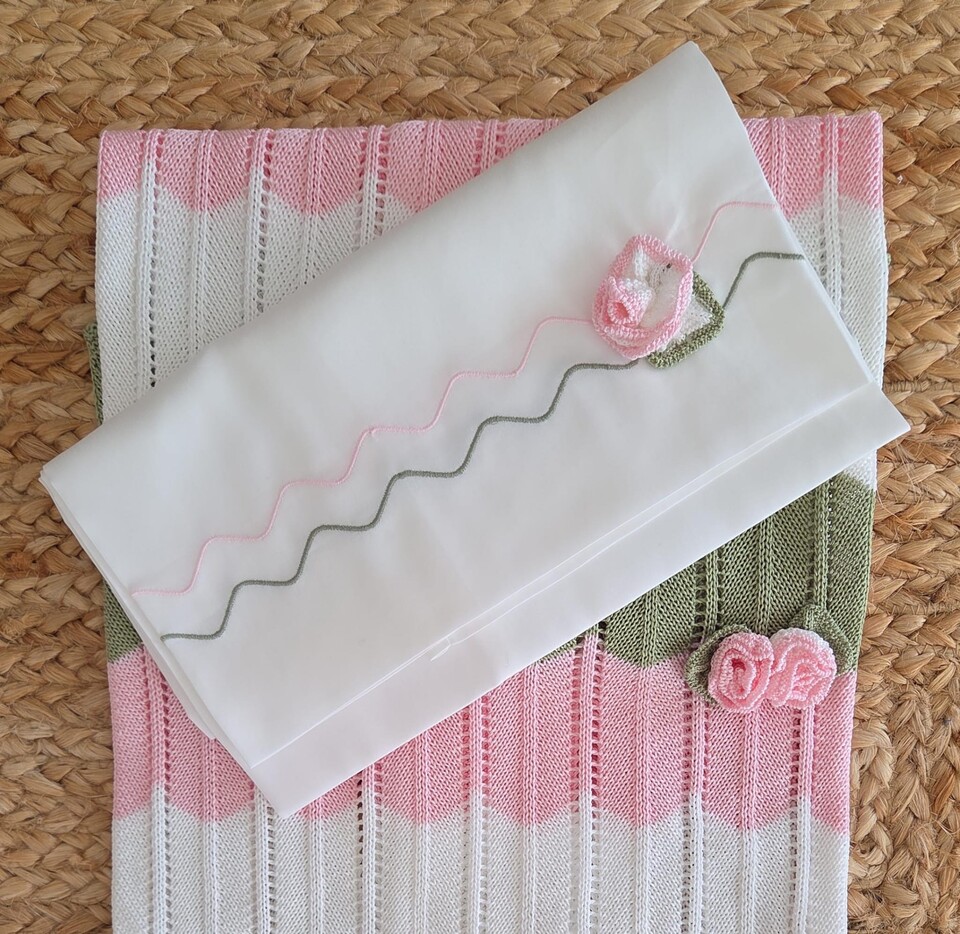 Set lenzuolino 3 pezzi per carrozzina in puro cotone Vaniglia / Rosa Pesco / Verde Oliva Marlù