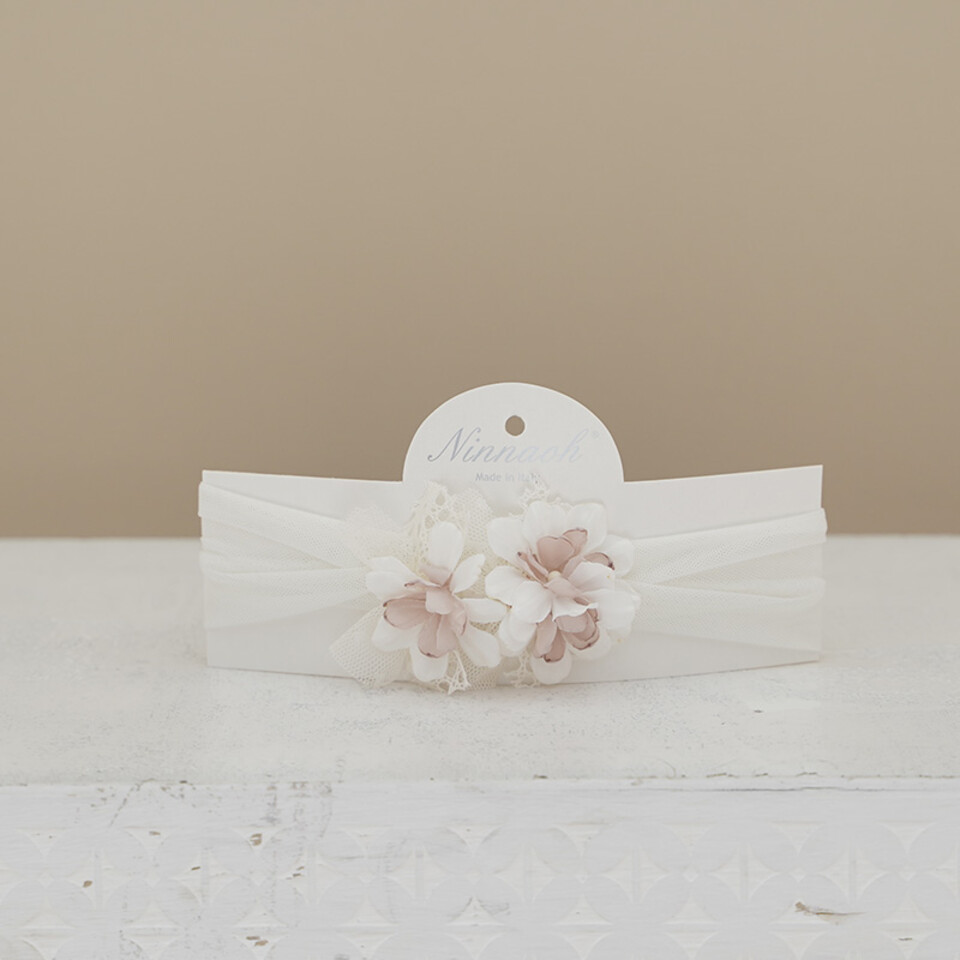 Fascetta in tulle con fiori Panna / Rosa Ninnaoh