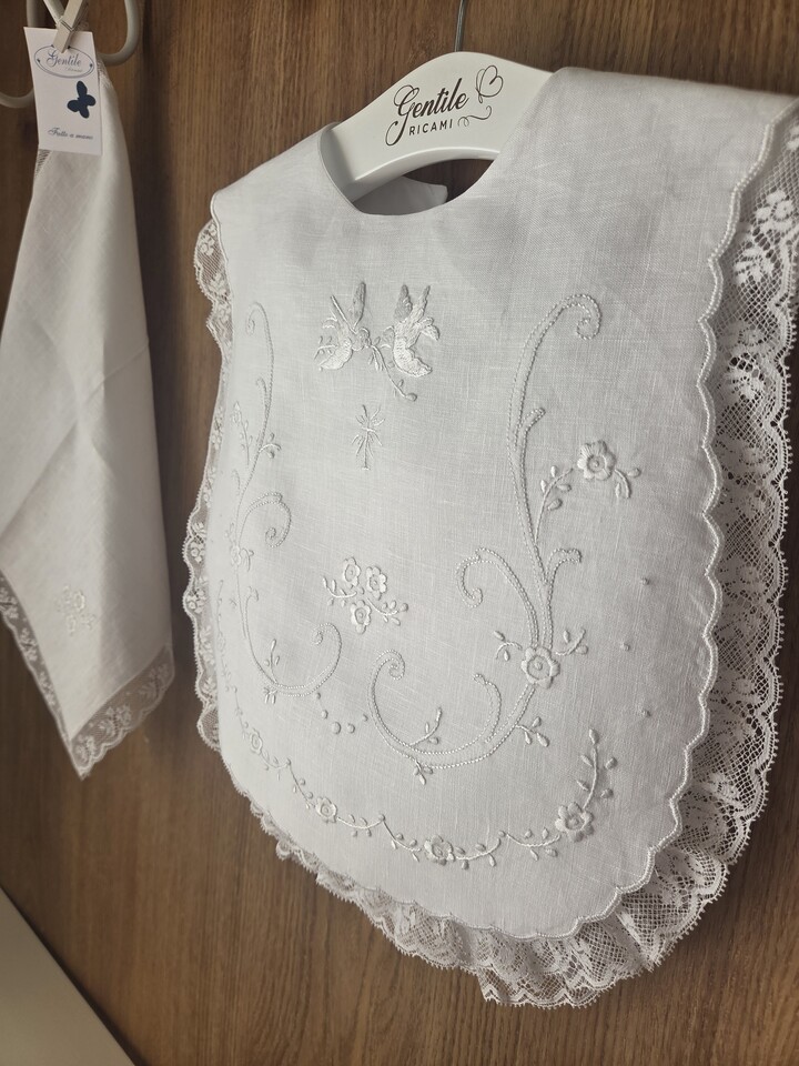 Set Camice Battesimo con fazzoletto in puro lino Gentile Baby Couture Ricamato a mano