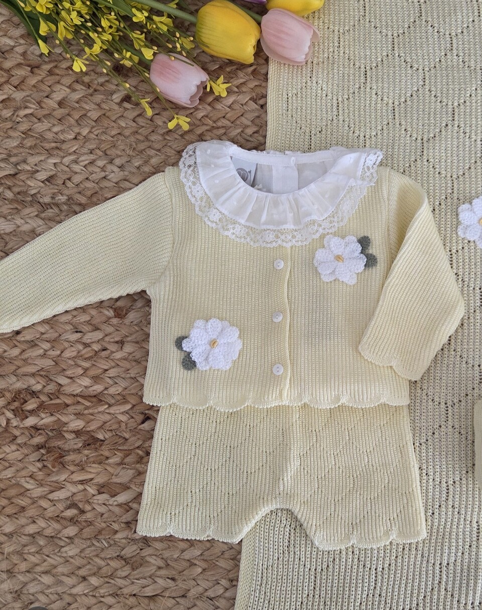 Completo nascita 7 pezzi in filo di cotone giallo Margherite Marlù EK21