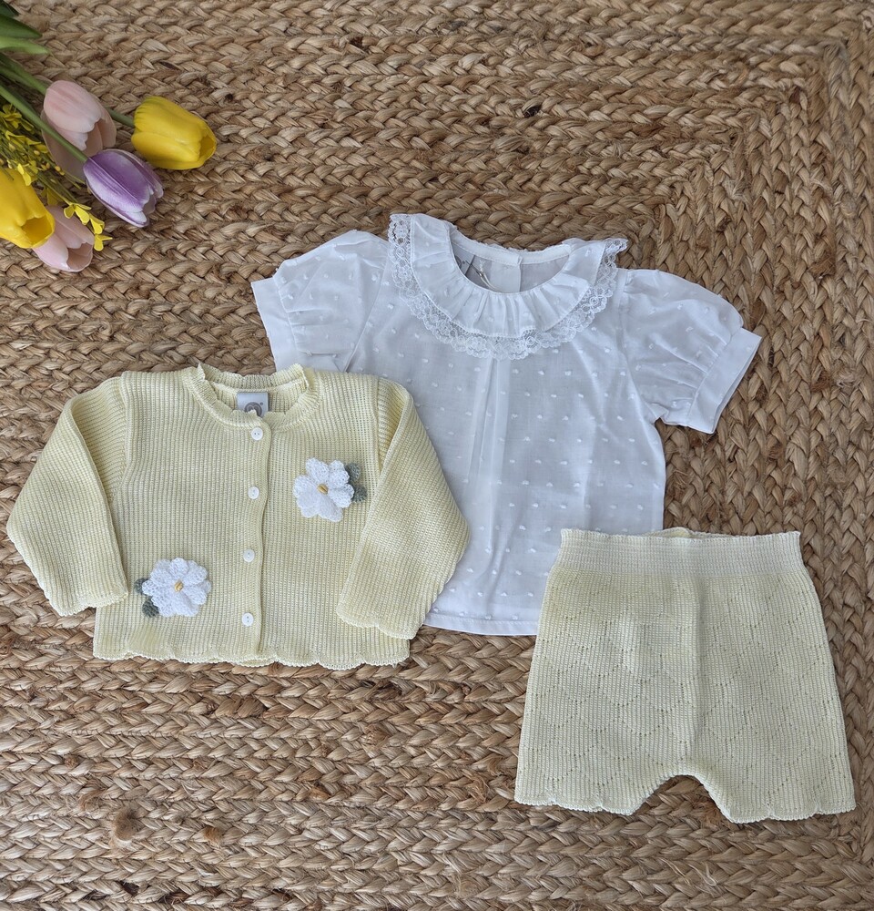 Completo nascita 7 pezzi in filo di cotone giallo Margherite Marlù EK21